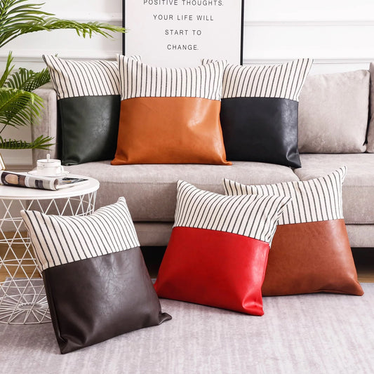 Stripe/PU Leather Throw Pillow Cover
