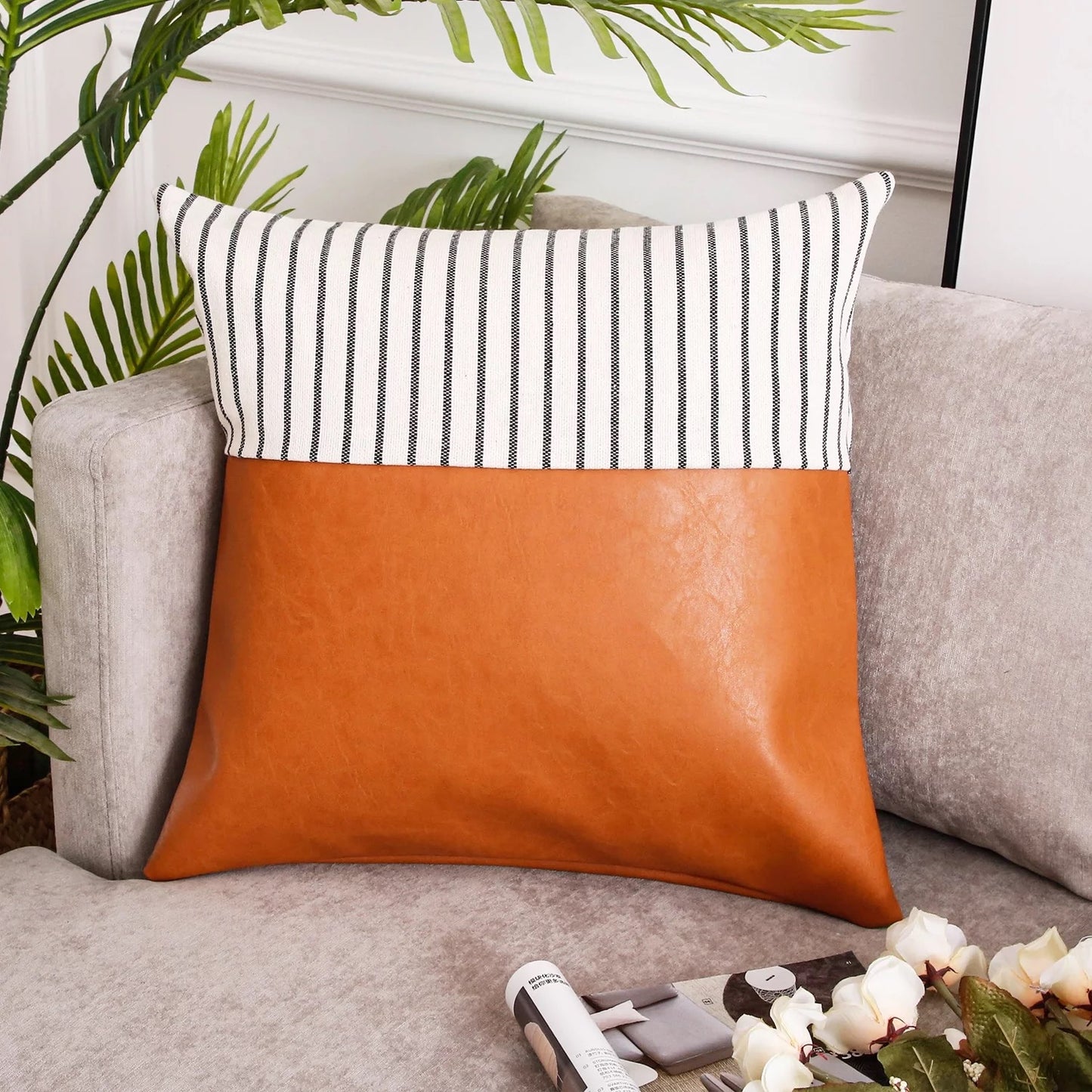 Stripe/PU Leather Throw Pillow Cover